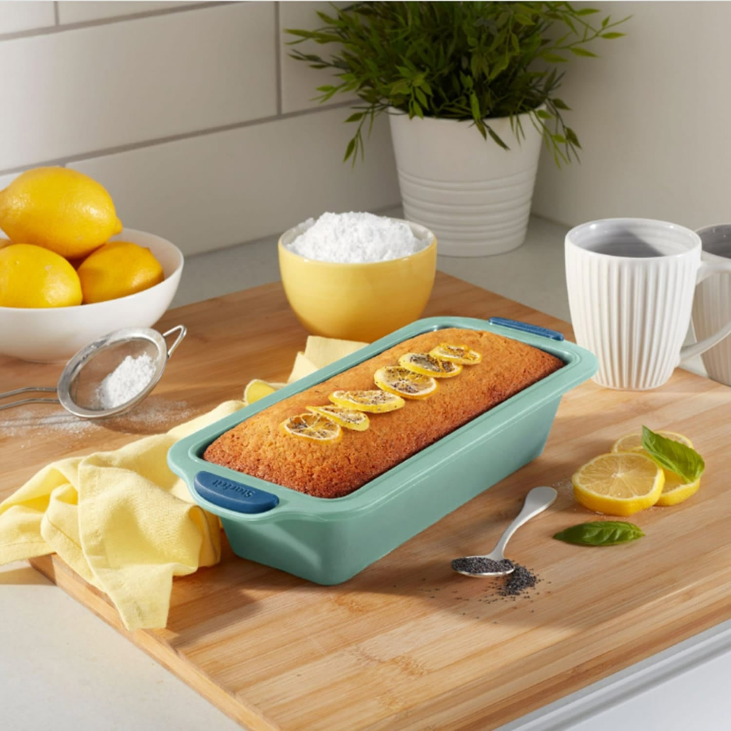 Starfrit 9.5-In. x 4-In. Silicone Loaf Pan with Integrated Metal Frame, Sage Green