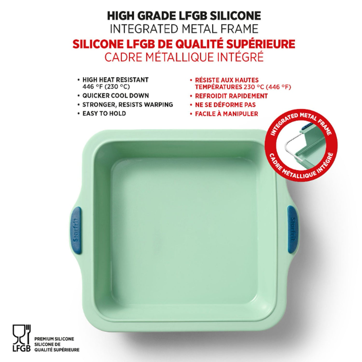 Starfrit 8-In. Silicone Square Cake Pan with Integrated Metal Frame, Sage Green