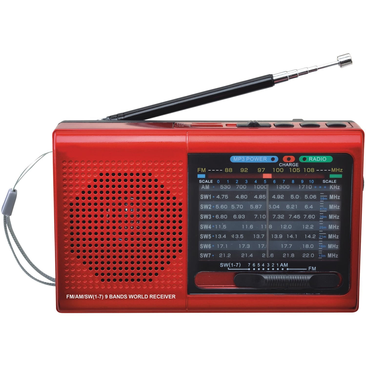 Supersonic 9-Band Rechargeable Radio with Bluetooth and USB/microSD Card Input, SC-1080BT, Red