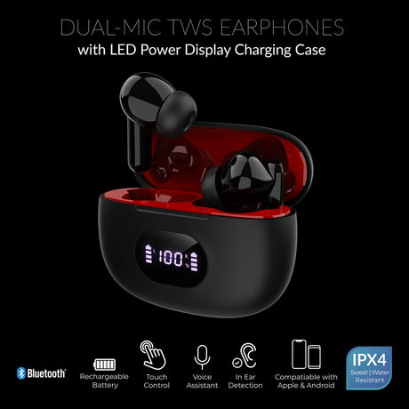 IQ Sound TWS Bluetooth In-Ear Earphones with Mics and LED-Power-Display Charging Case, ENC, up to 28 Hours Play Time, IPX4 Splash-Resistant, IQ-243TWS