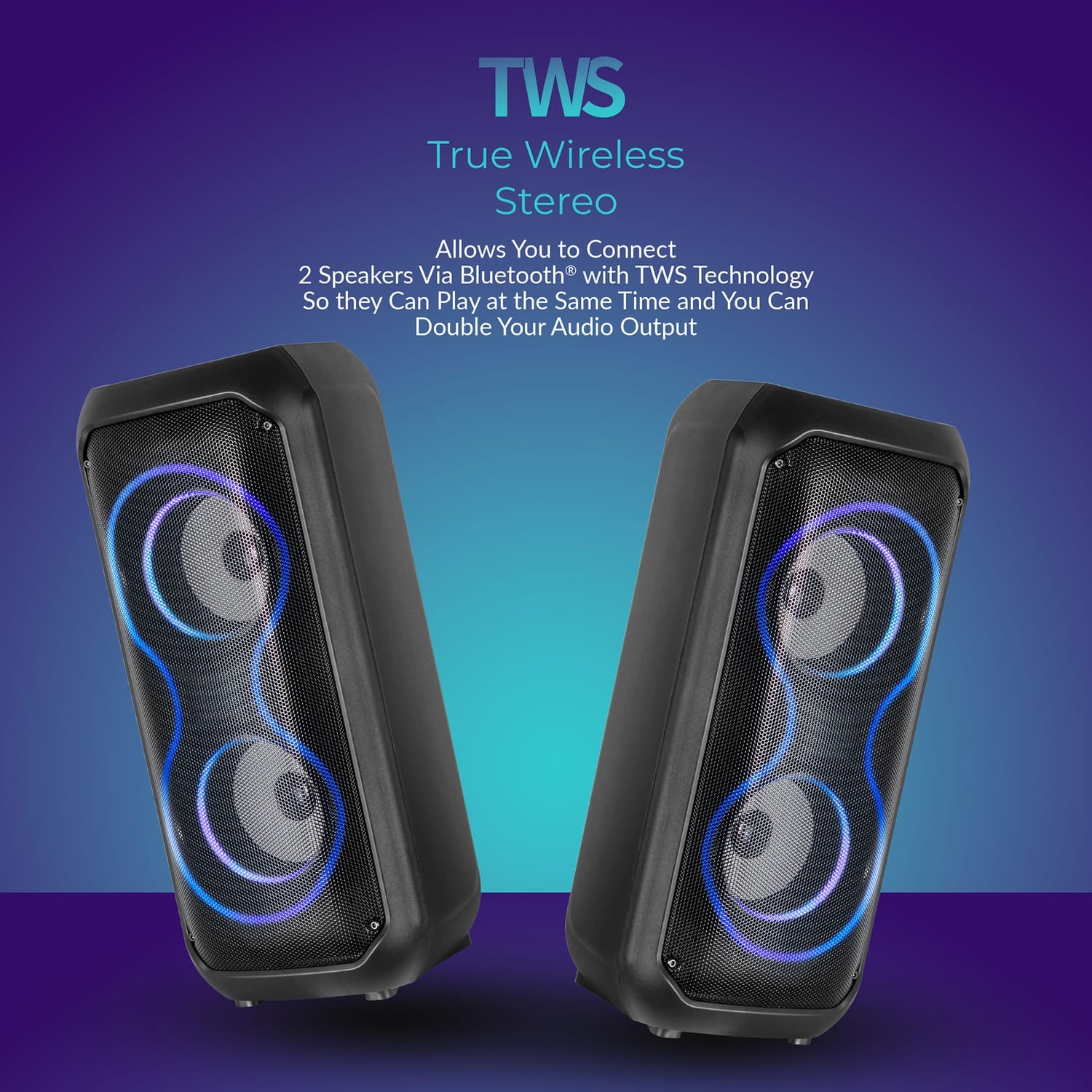 IQ Sound 6-Watt Portable Bluetooth Rechargeable Speaker with Dual 4-In. Woofers, Lights, FM Radio, Mic Input, and Remote, IQ-3404BT