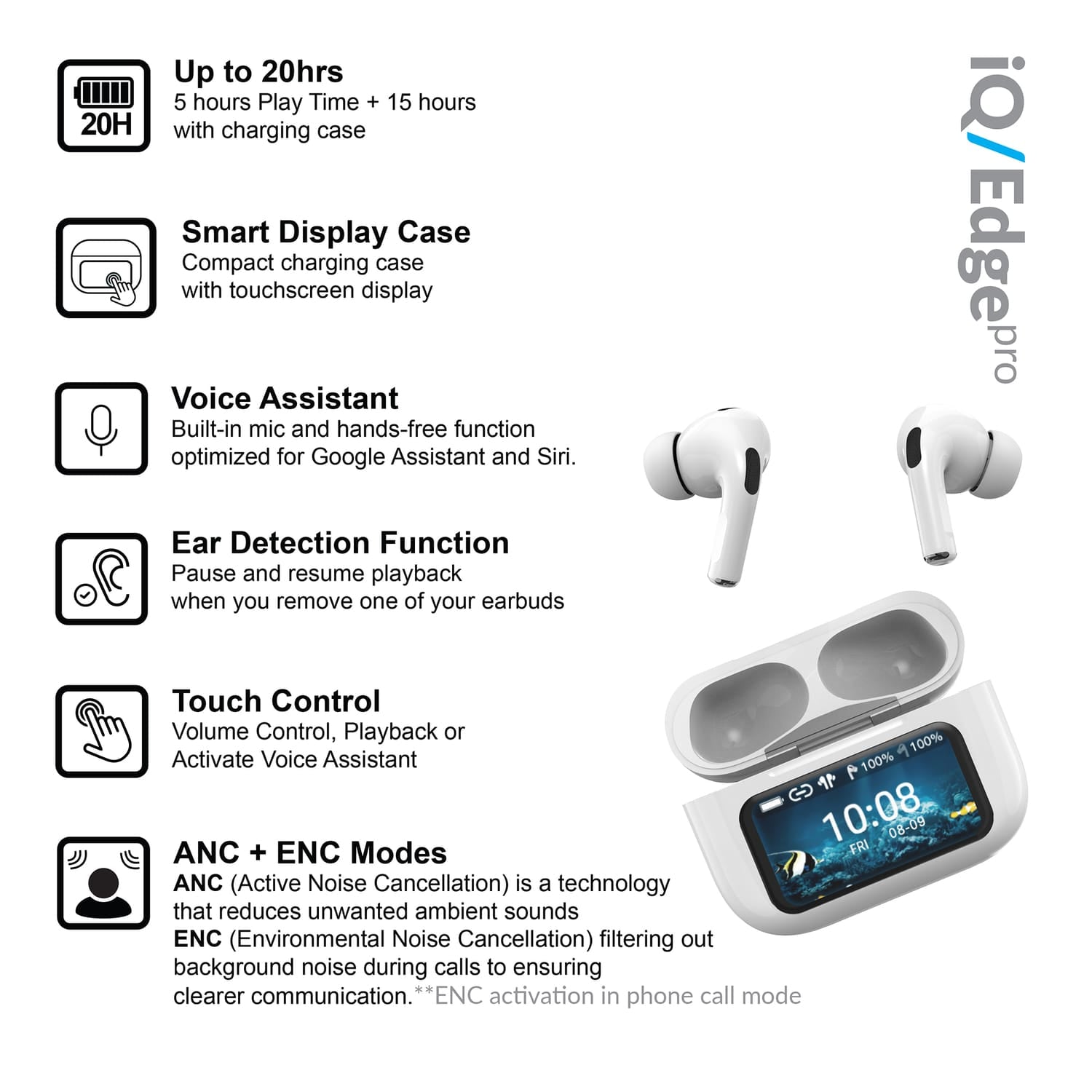 IQ Sound iQ Edge Pro TWS Bluetooth In-Ear Earbuds with Mic and Smart Display Charging Case, ANC and ENC, up to 20 Hours Play Time, IQ-341ANC, White