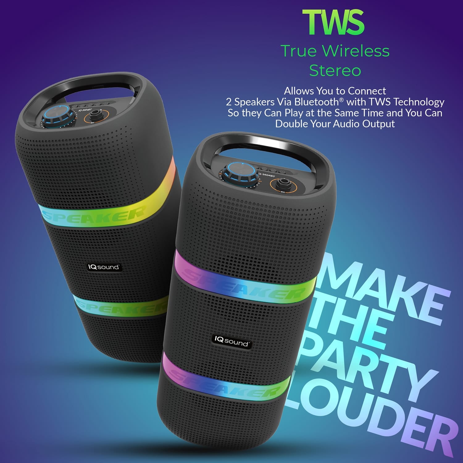 IQ Sound 10-Watt Portable Bluetooth Rechargeable Speaker with Dual 4-In Woofers, Lights, FM Radio, and Mic Input, IQ-3604BT