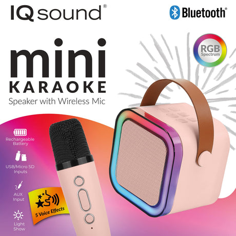 IQ Sound 5-Watt Portable Bluetooth Rechargeable Mini Karaoke Speaker with Wireless Mic, Lights, and Carry Strap, IQ-708K