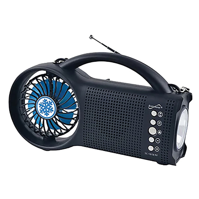 Supersonic Portable Bluetooth Solar-Powered Speaker with FM Radio, LED Torch Light, and Fan, Black, SC-1073ERF