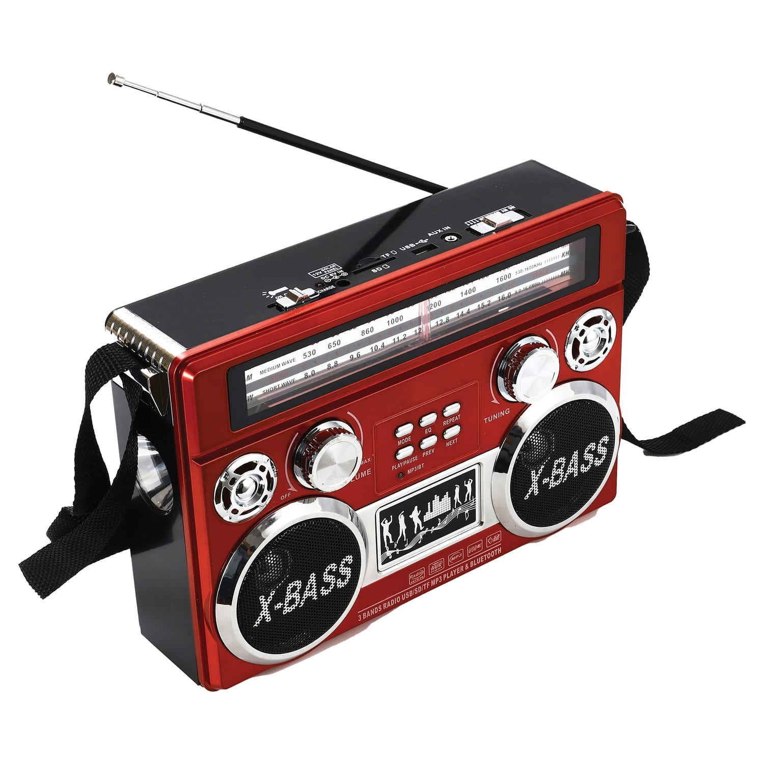 Supersonic Portable 3-Band Radio with Bluetooth and Flashlight, SC-1097BT, Red