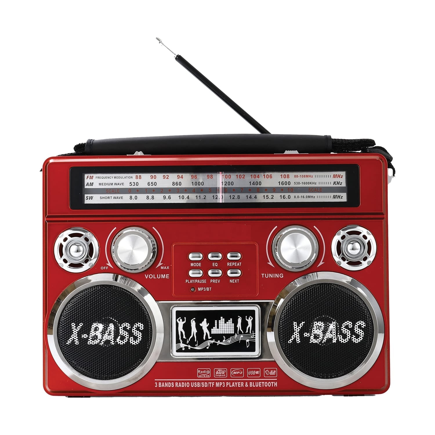 Supersonic Portable 3-Band Radio with Bluetooth and Flashlight, SC-1097BT, Red