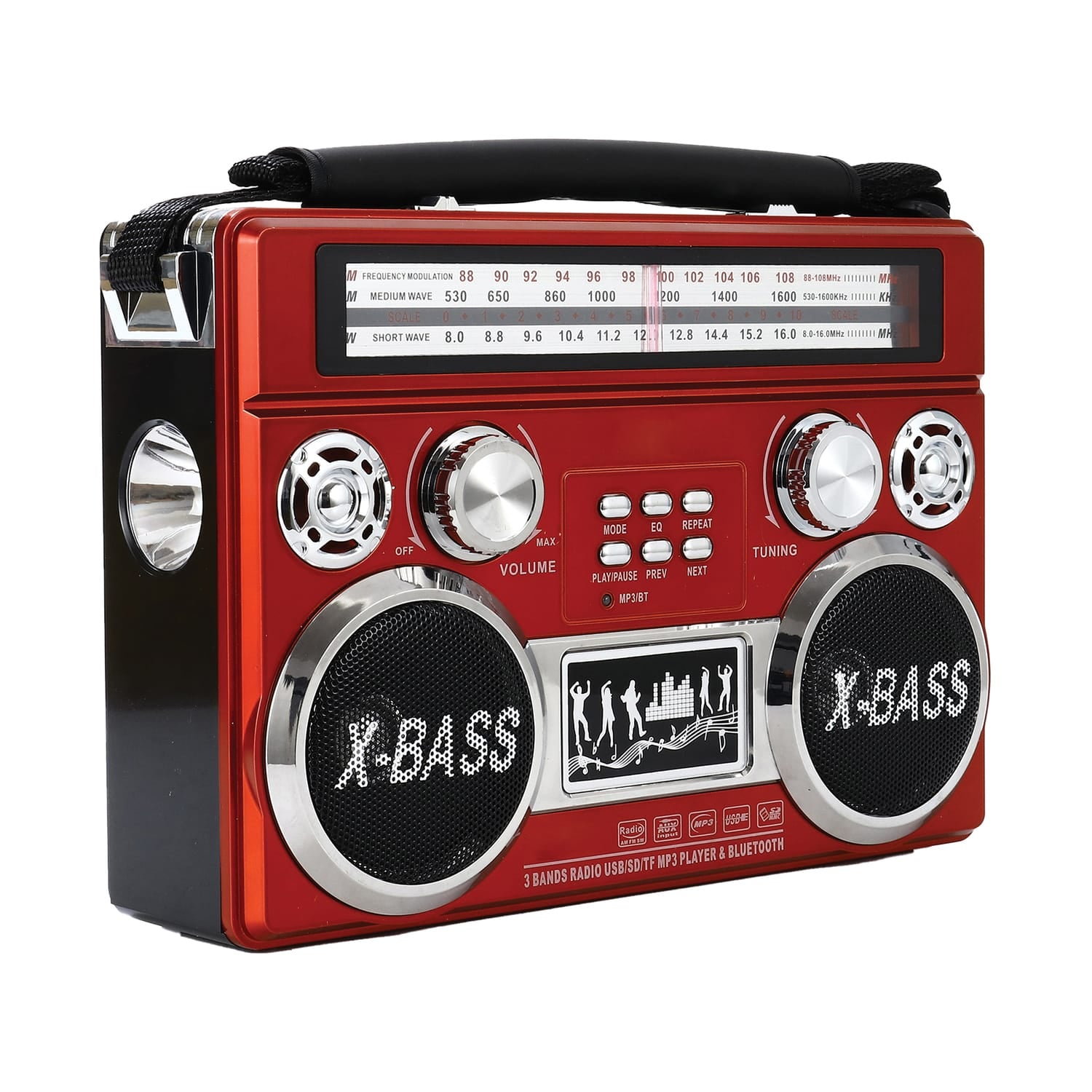 Supersonic Portable 3-Band Radio with Bluetooth and Flashlight, SC-1097BT, Red
