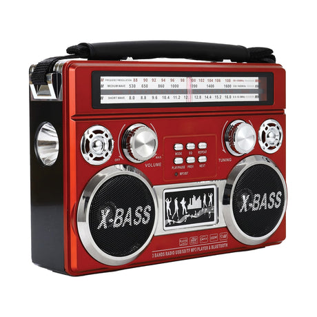 Supersonic Portable 3-Band Radio with Bluetooth and Flashlight, SC-1097BT, Red