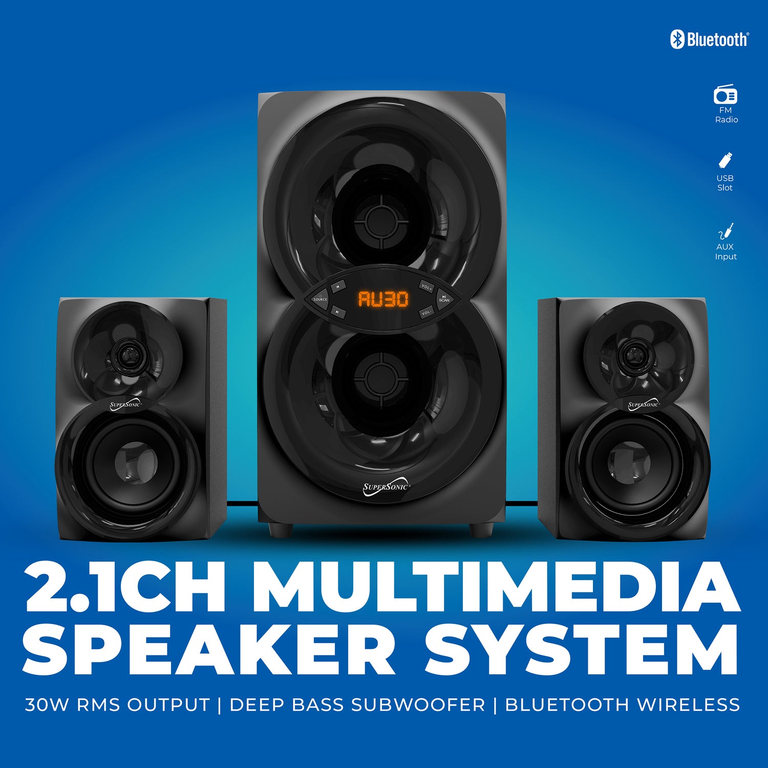 Supersonic 30-Watt-RMS Bluetooth SC-1136BT 2.1 Multimedia Speaker System with Two 3-In. Speakers, 5-In. Subwoofer, FM Radio, USB/Aux, and Remote