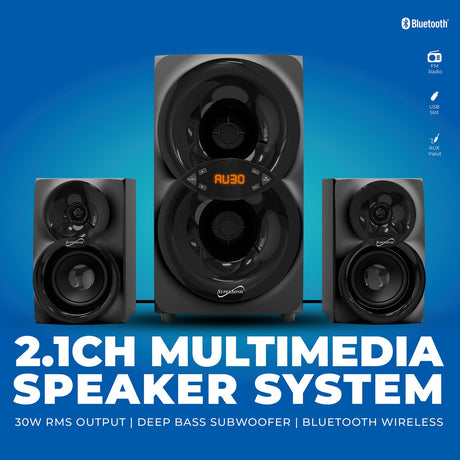 Supersonic 30-Watt-RMS Bluetooth SC-1136BT 2.1 Multimedia Speaker System with Two 3-In. Speakers, 5-In. Subwoofer, FM Radio, USB/Aux, and Remote
