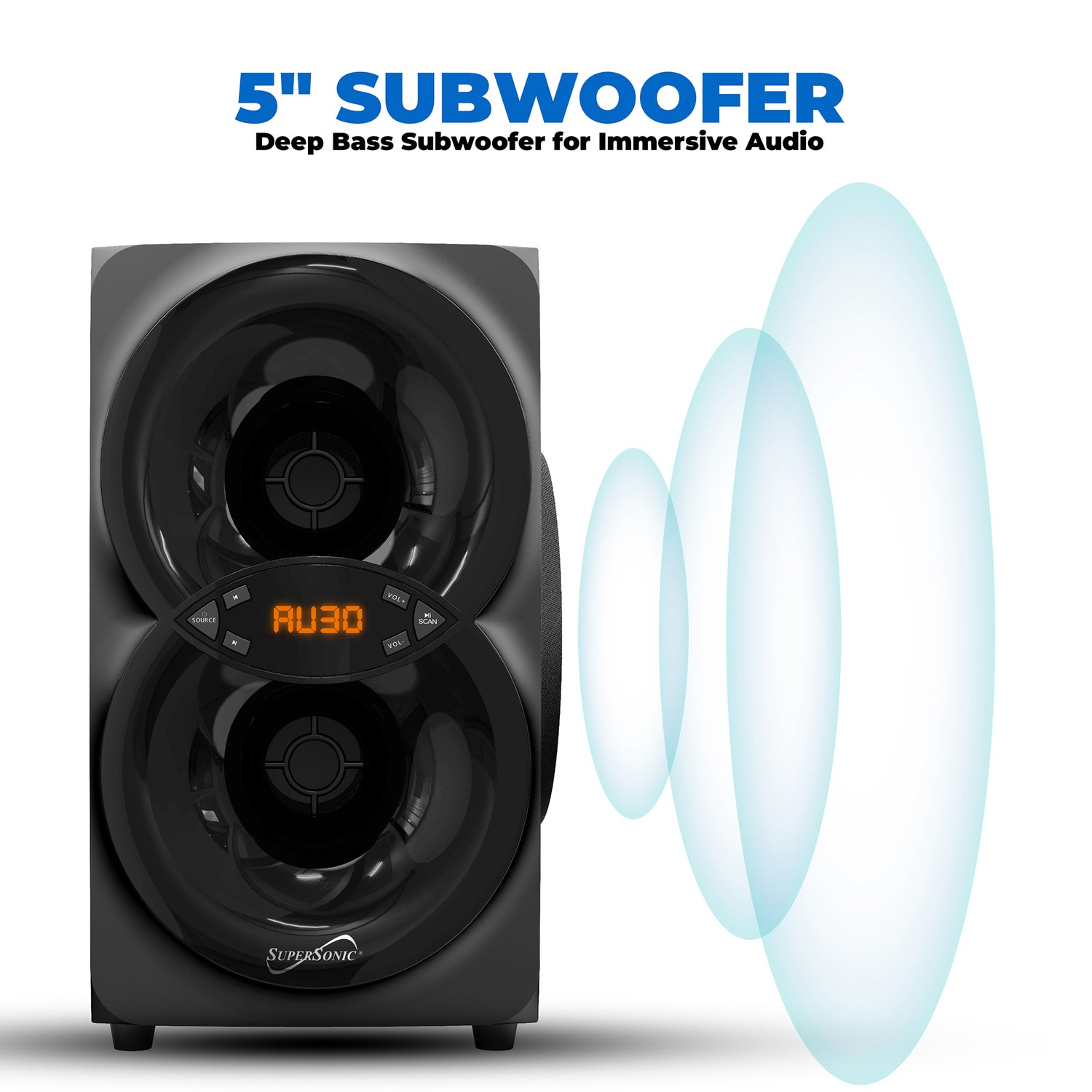 Supersonic 30-Watt-RMS Bluetooth SC-1136BT 2.1 Multimedia Speaker System with Two 3-In. Speakers, 5-In. Subwoofer, FM Radio, USB/Aux, and Remote