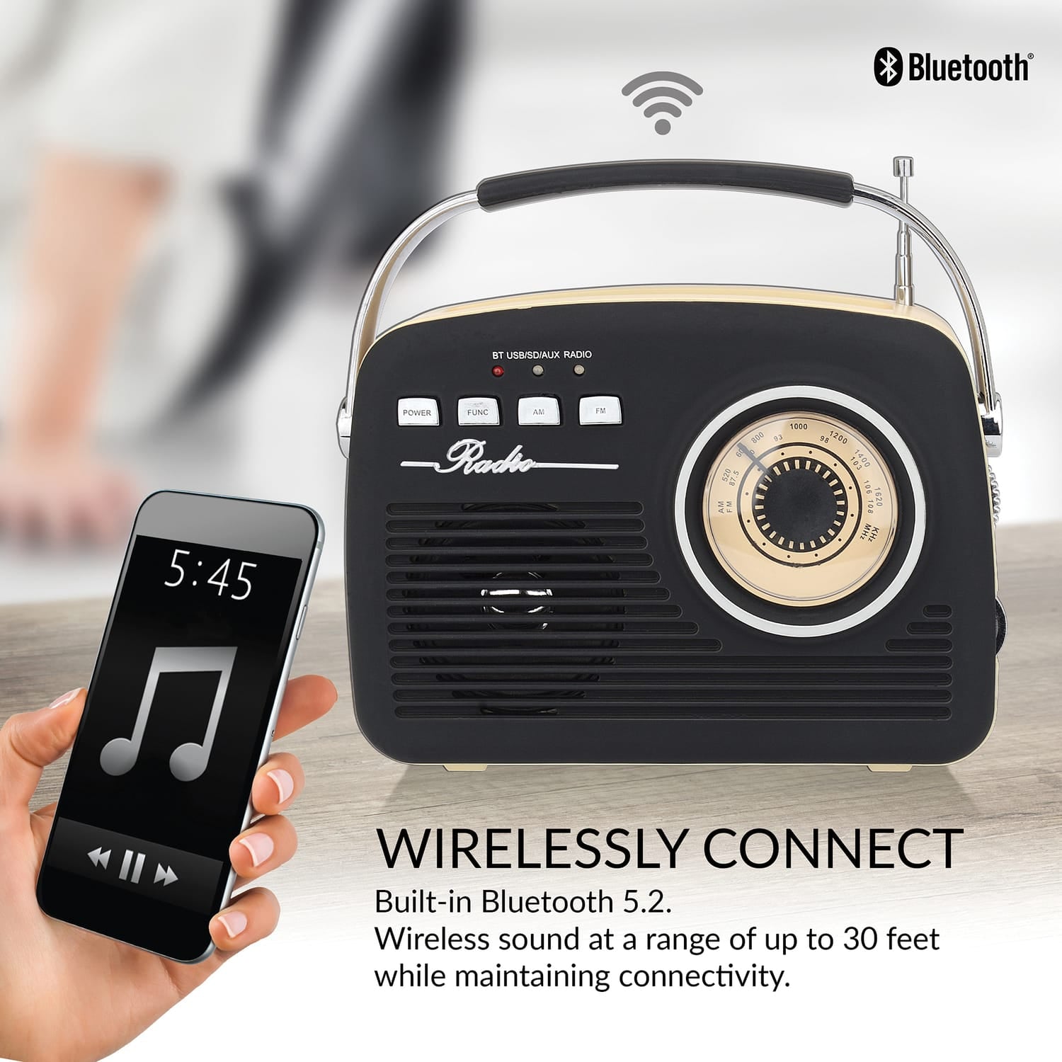 Supersonic Retro Portable AM/FM Radio with Bluetooth, SC-1201, Black