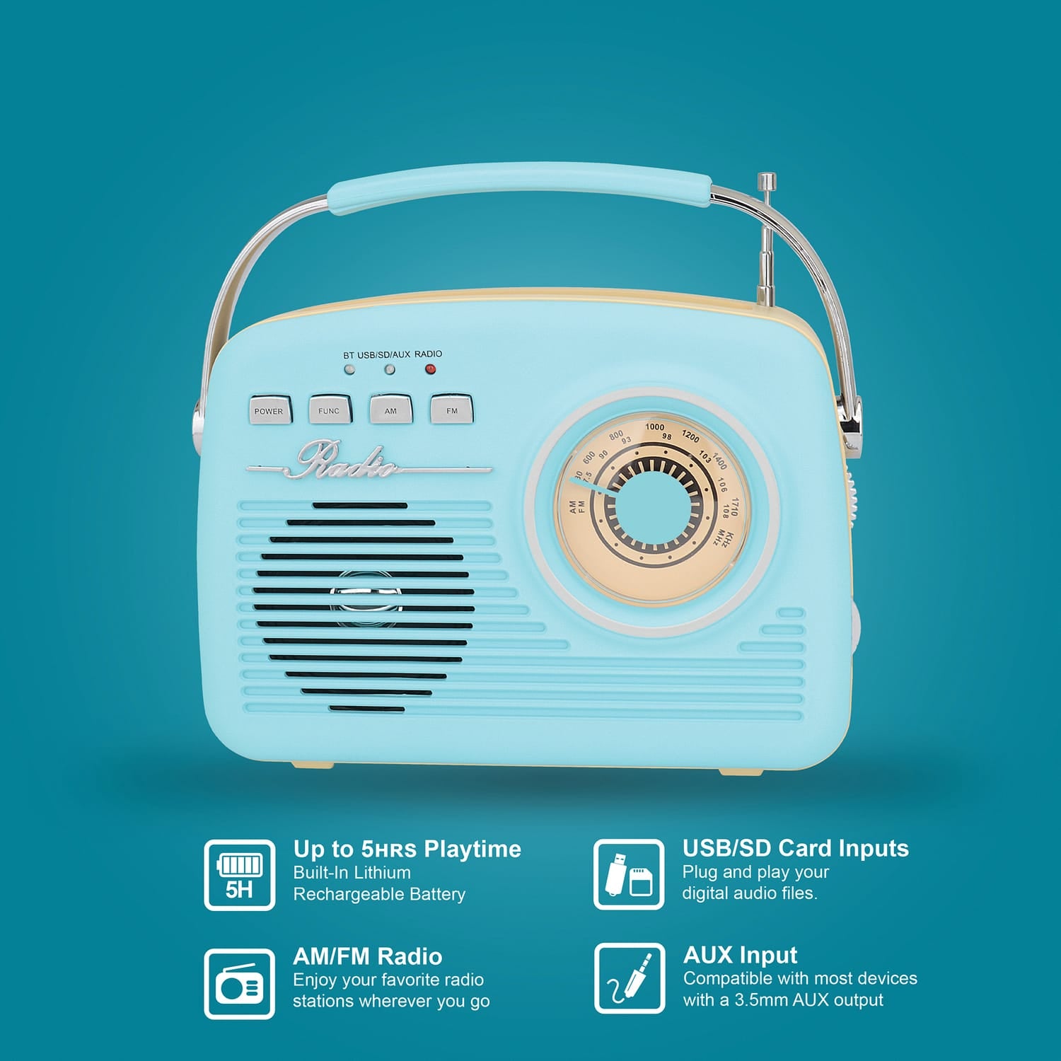 Supersonic Retro Portable AM/FM Radio with Bluetooth, SC-1201, Blue