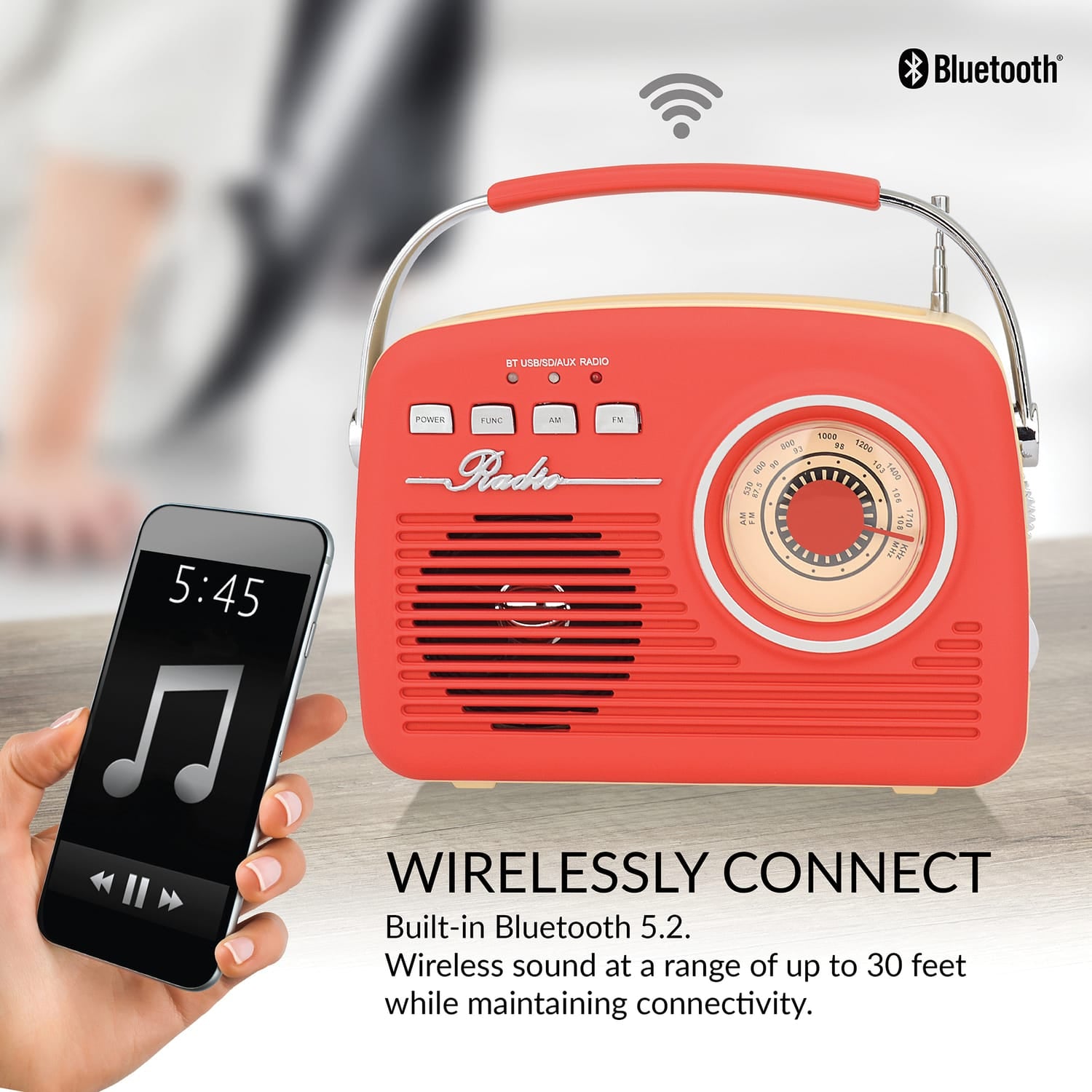 Supersonic Retro Portable AM/FM Radio with Bluetooth, SC-1201, Red