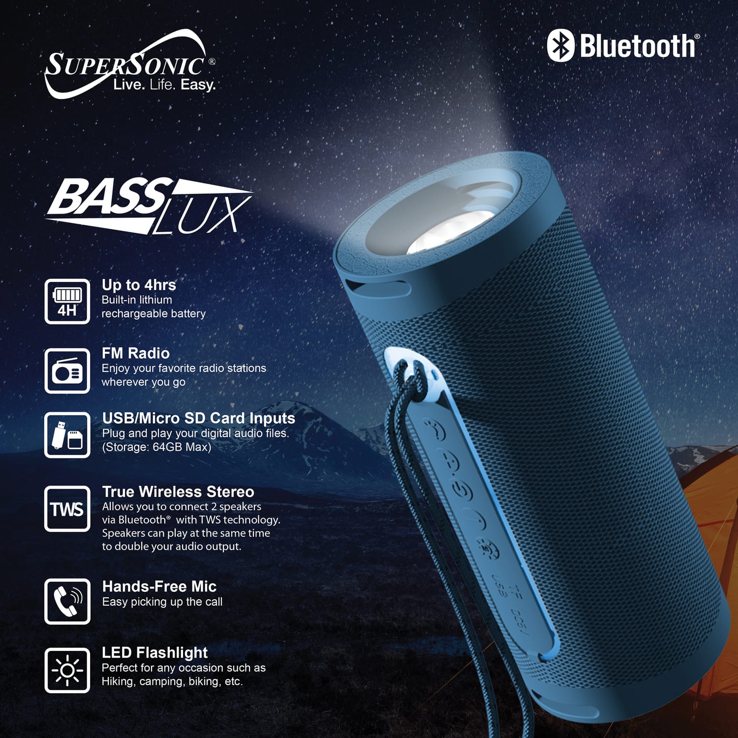 Supersonic Portable Bluetooth Speaker with LED Flashlight and Speakerphone, SC-2340BT, Blue