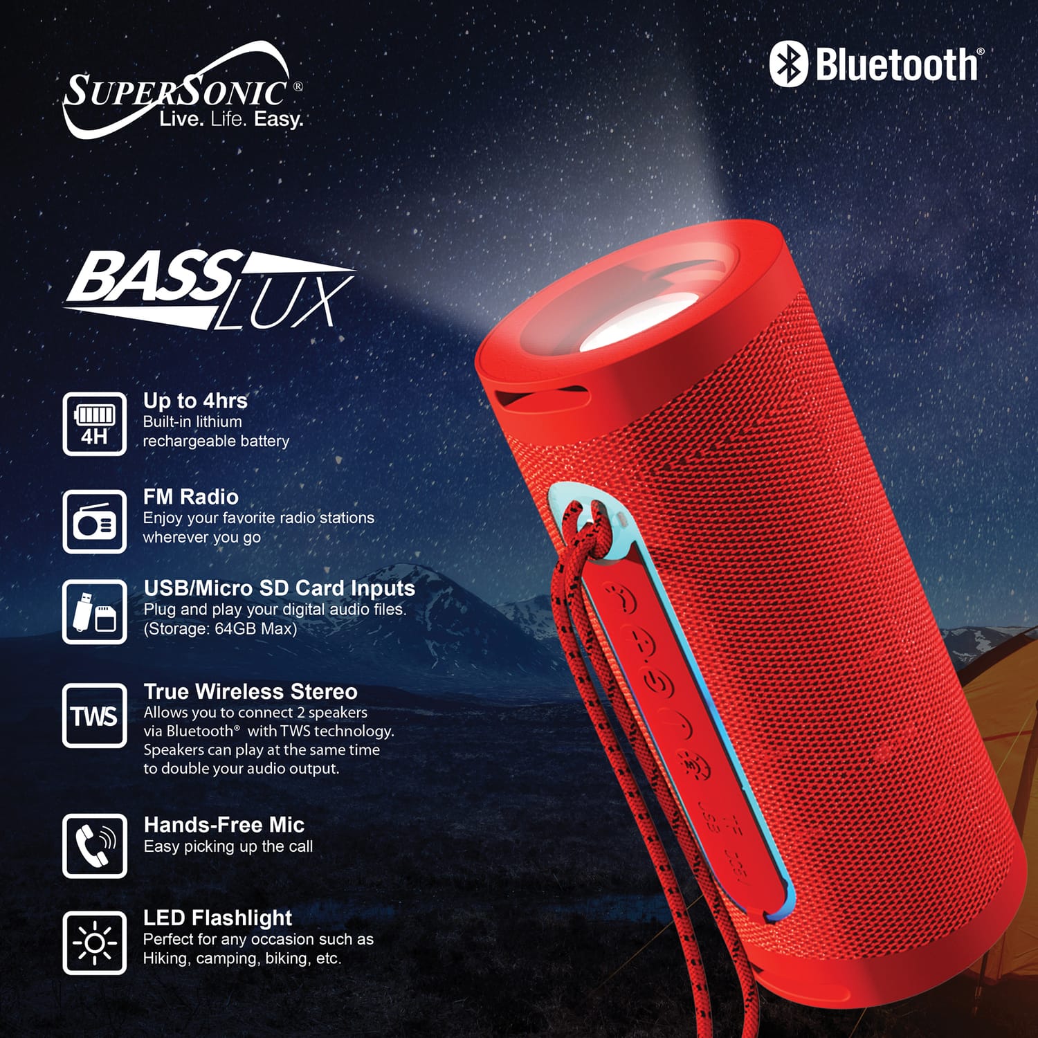Supersonic Portable Bluetooth Speaker with LED Flashlight and Speakerphone, SC-2340BT, Red