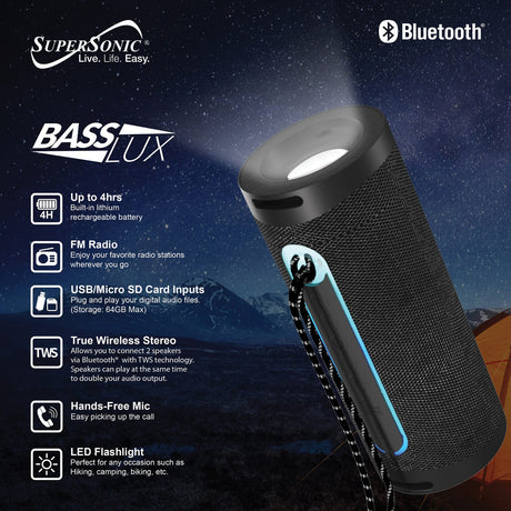 Supersonic Portable Bluetooth Speaker with LED Flashlight and Speakerphone, SC-2340BT, Black