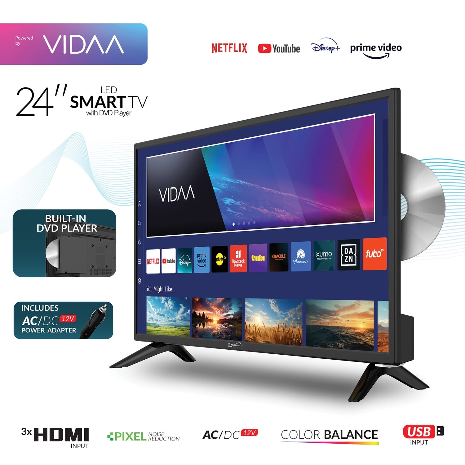 Supersonic 24-In. 1366 x 768 LED Widescreen TV/DVD Combo, AC/DC Compatible, SC-2426SDVD