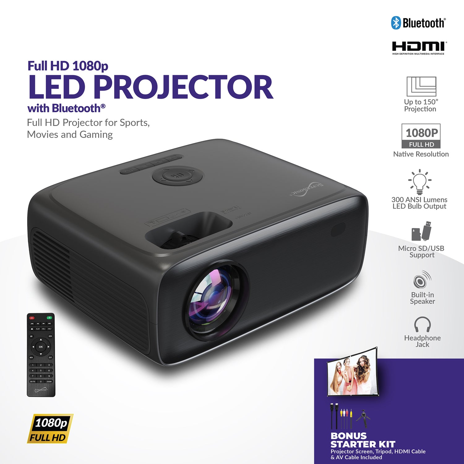 Supersonic 1080p 300-ANSI-Lumen Compact LED Projector Kit with Bluetooth, Stand, Screen, Remote, and Cables
