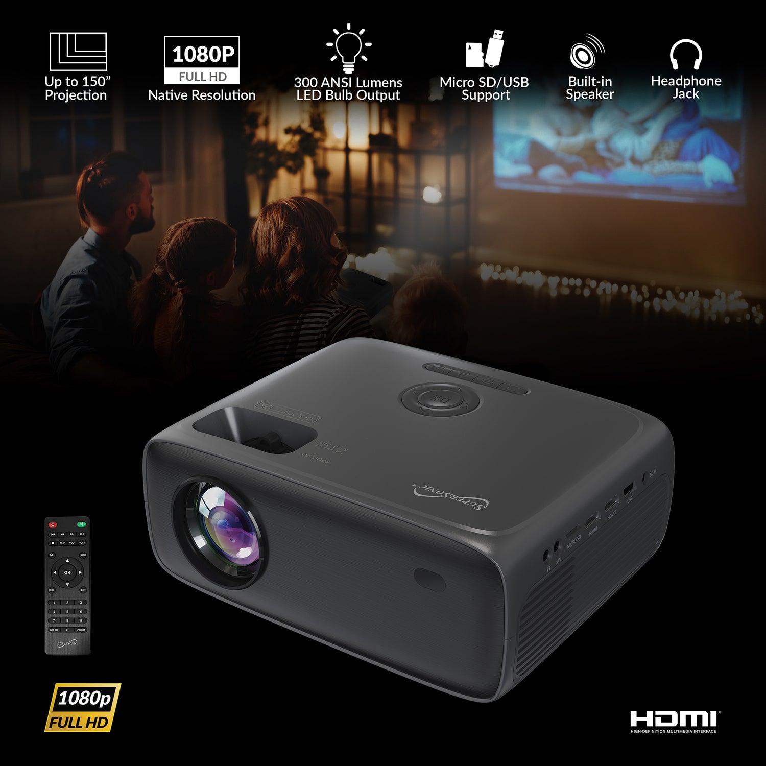 Supersonic 1080p 300-ANSI-Lumen Compact LED Projector Kit with Bluetooth, Stand, Screen, Remote, and Cables