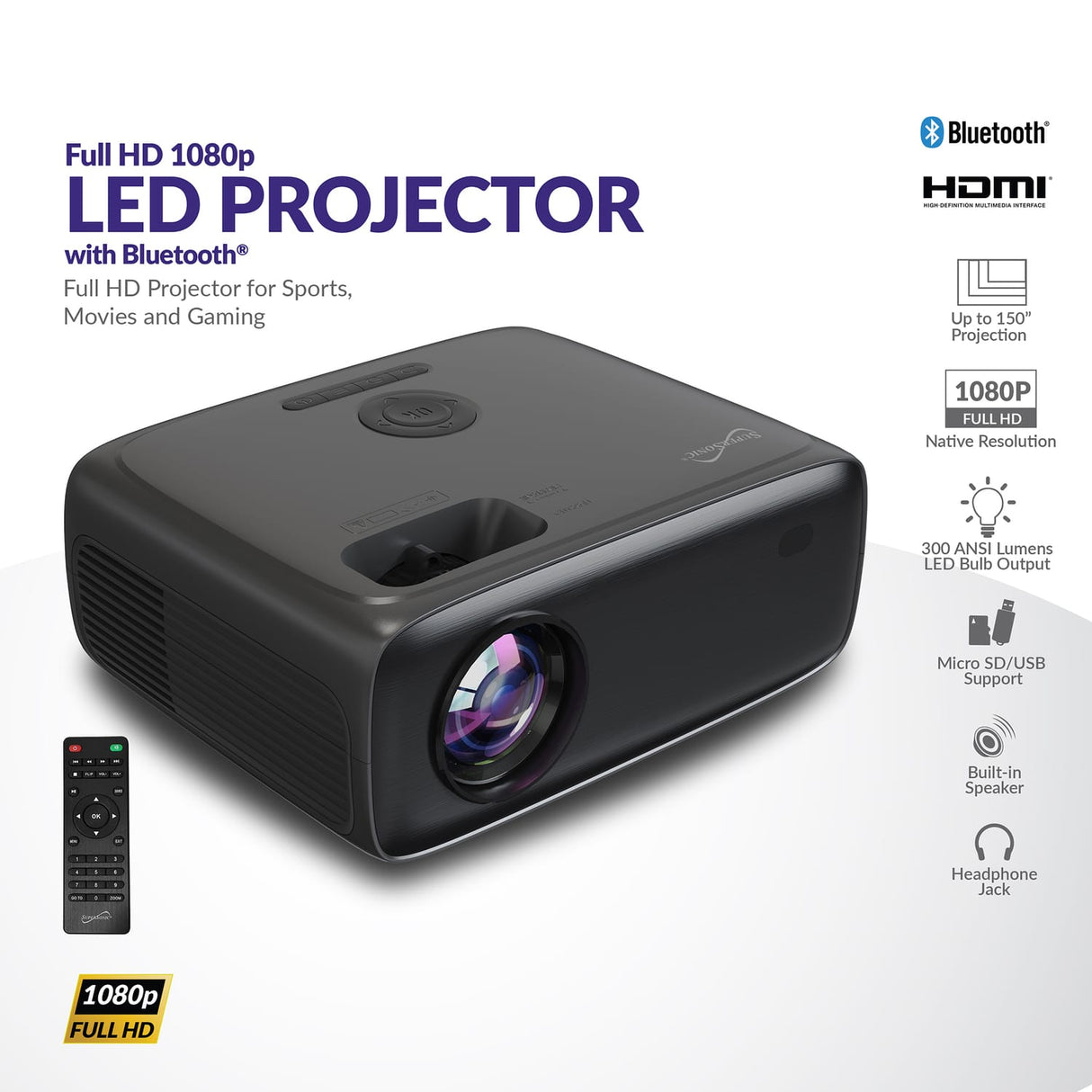 Supersonic 1080p 300-ANSI-Lumen Compact LED Projector with Bluetooth and Remote