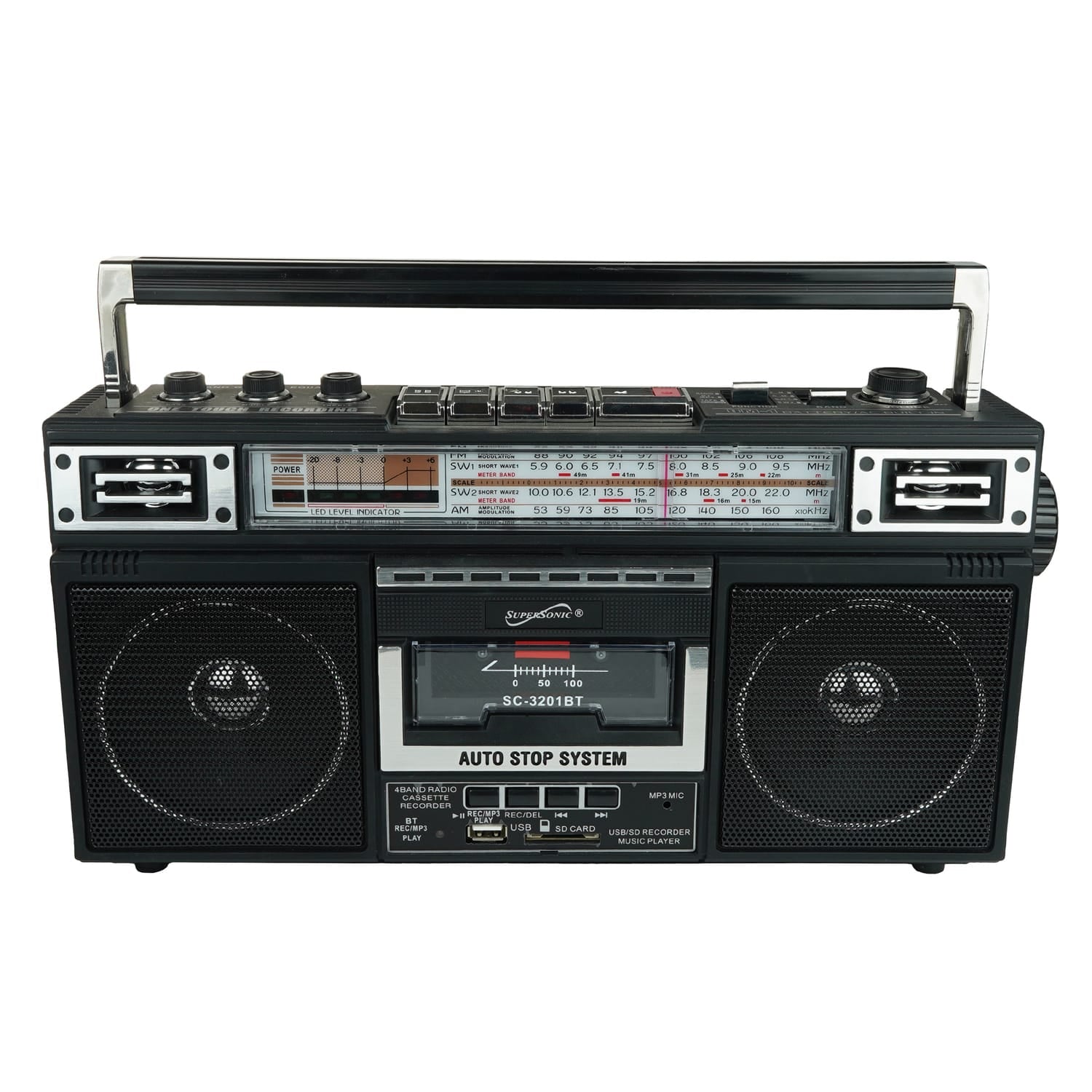 Supersonic Retro Bluetooth Cassette/AM/FM/Shortwave Boom Box, SC-3201BT, Black