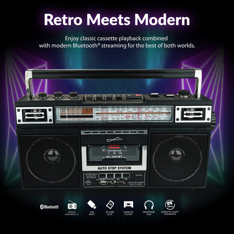 Supersonic Retro Bluetooth Cassette/AM/FM/Shortwave Boom Box, SC-3201BT, Black