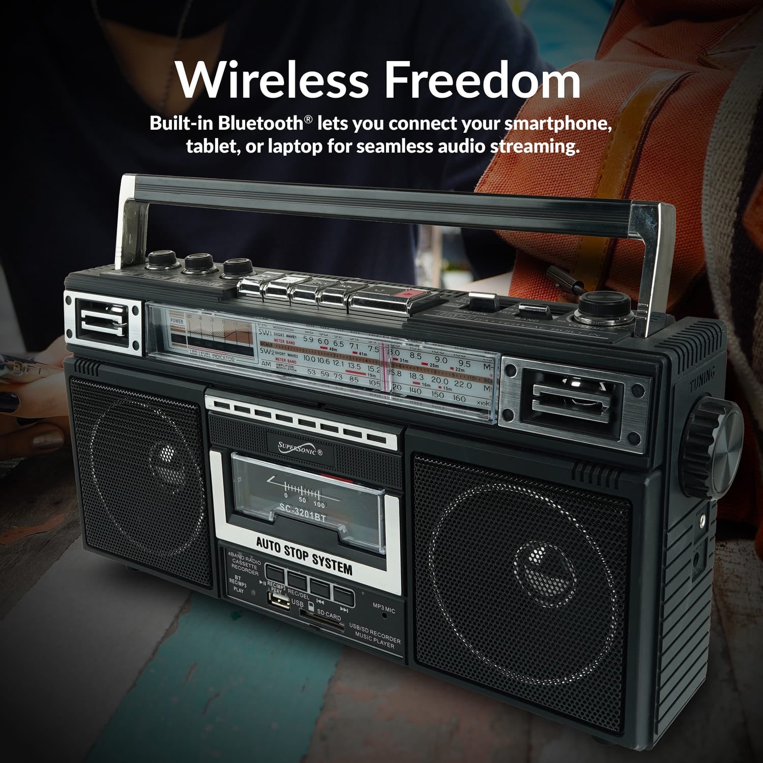 Supersonic Retro Bluetooth Cassette/AM/FM/Shortwave Boom Box, SC-3201BT, Black