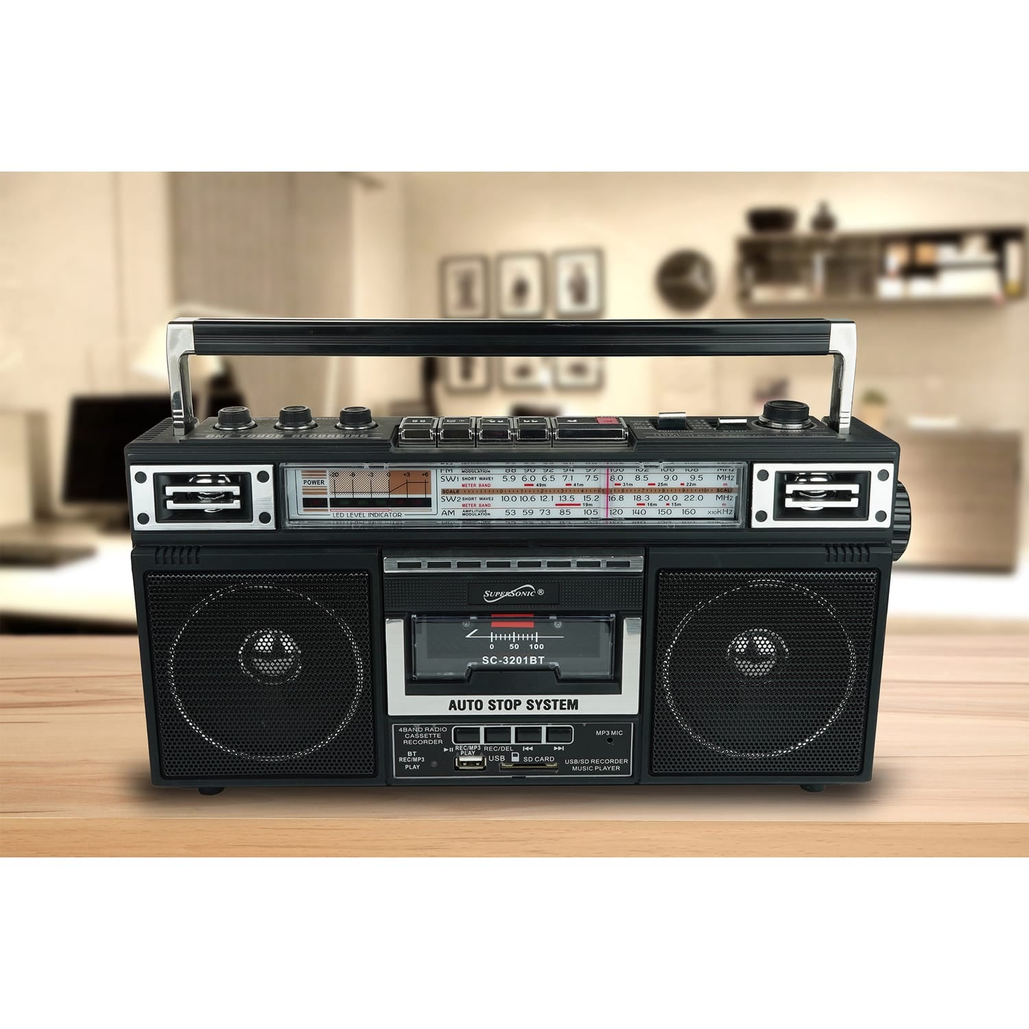 Supersonic Retro Bluetooth Cassette/AM/FM/Shortwave Boom Box, SC-3201BT, Black