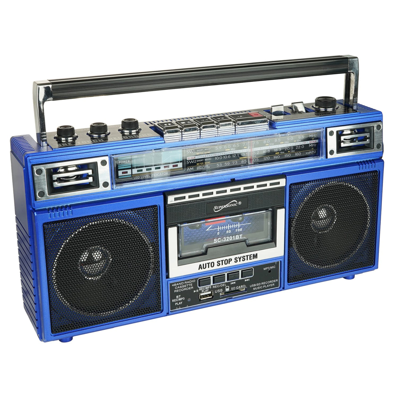 Supersonic Retro Bluetooth Cassette/AM/FM/Shortwave Boom Box, SC-3201BT, Blue
