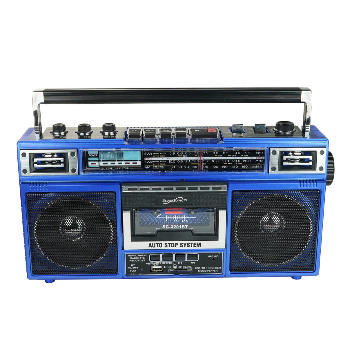 Supersonic Retro Bluetooth Cassette/AM/FM/Shortwave Boom Box, SC-3201BT, Blue