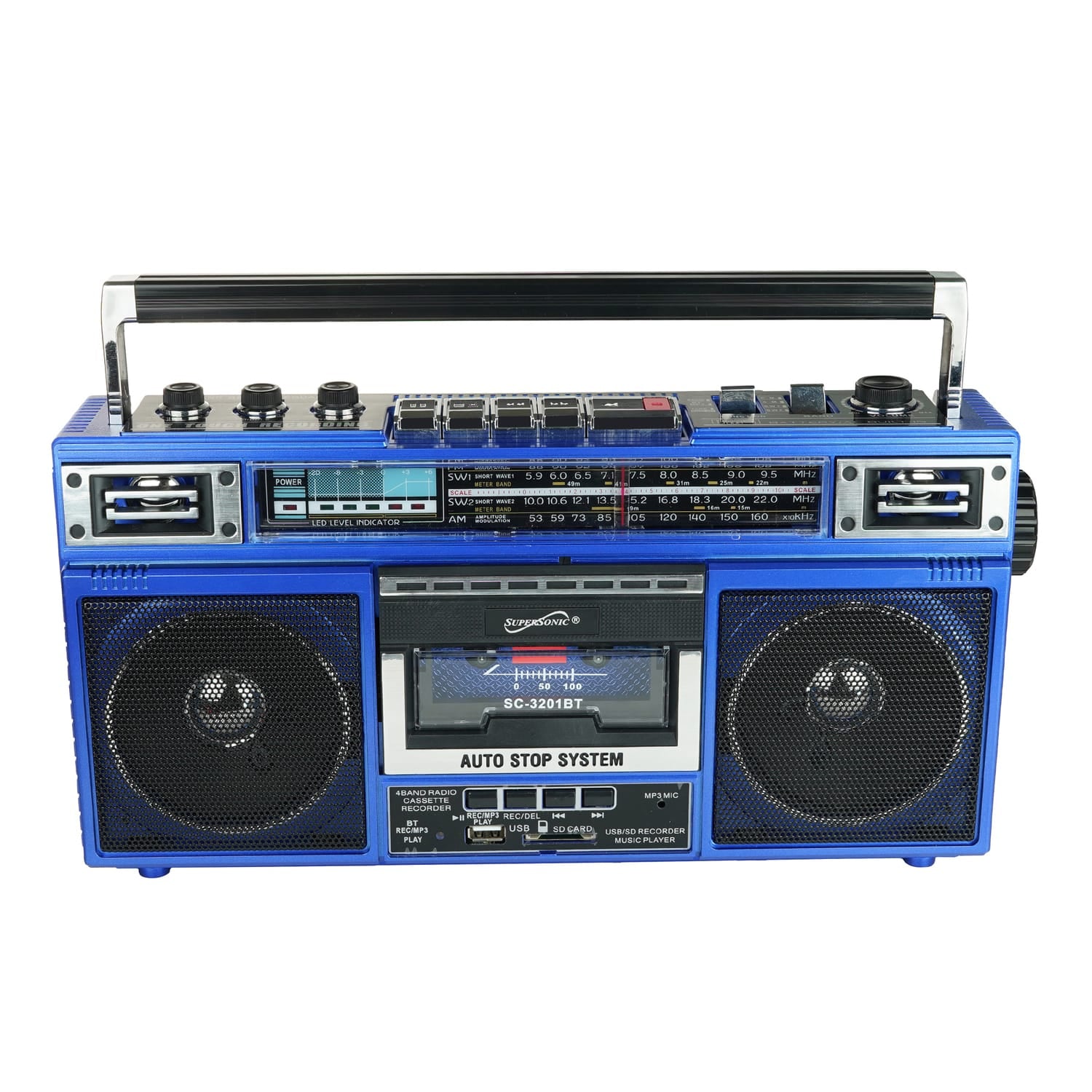 Supersonic Retro Bluetooth Cassette/AM/FM/Shortwave Boom Box, SC-3201BT, Blue
