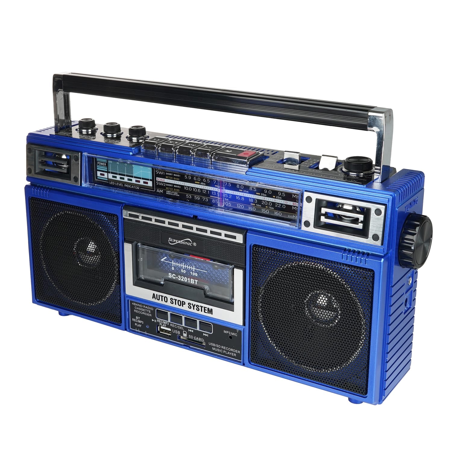 Supersonic Retro Bluetooth Cassette/AM/FM/Shortwave Boom Box, SC-3201BT, Blue