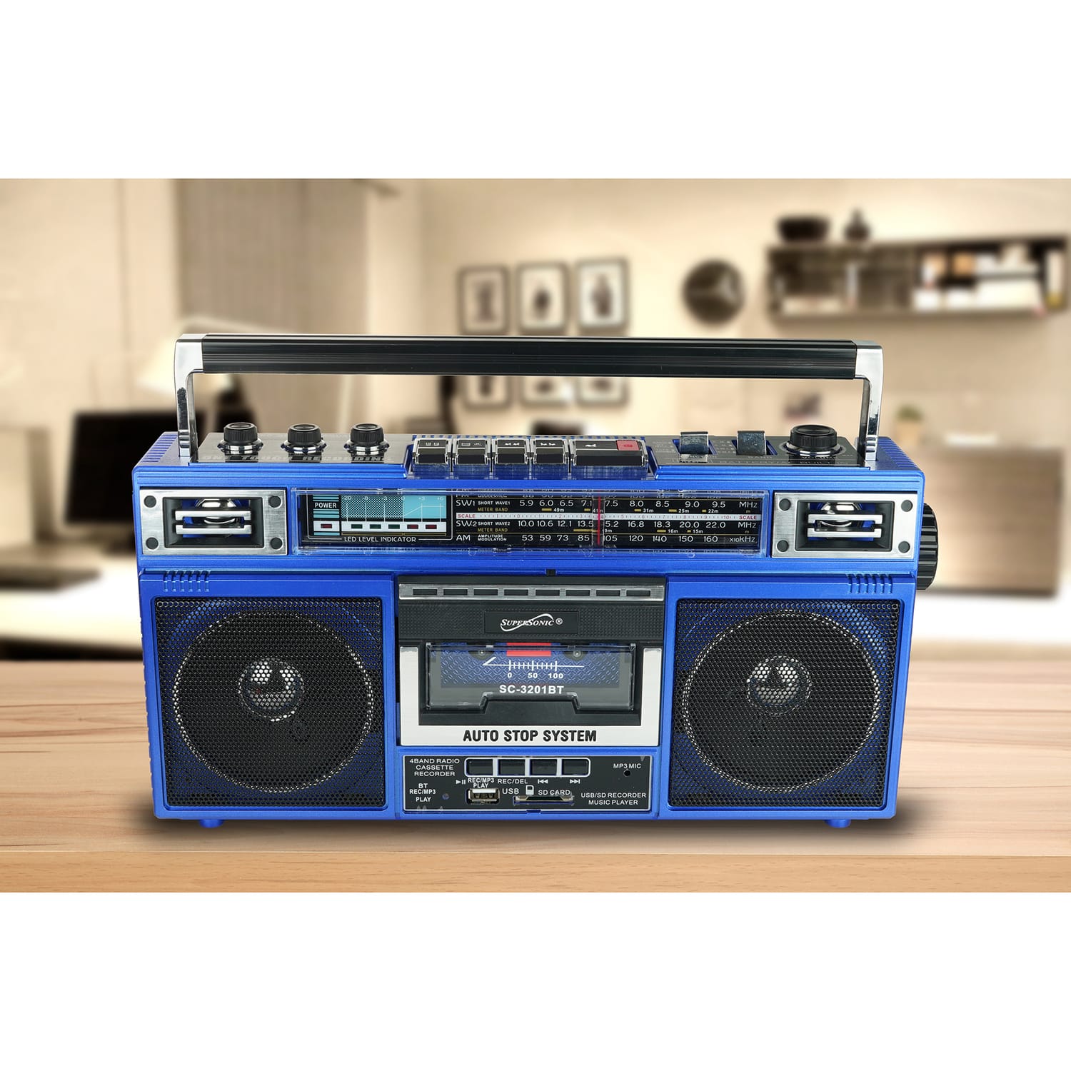 Supersonic Retro Bluetooth Cassette/AM/FM/Shortwave Boom Box, SC-3201BT, Blue