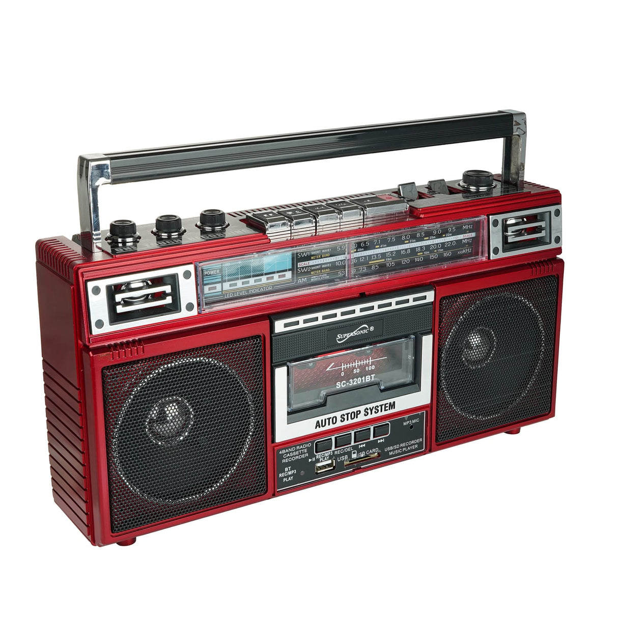 Supersonic Retro Bluetooth Cassette/AM/FM/Shortwave Boom Box, SC-3201BT, Red