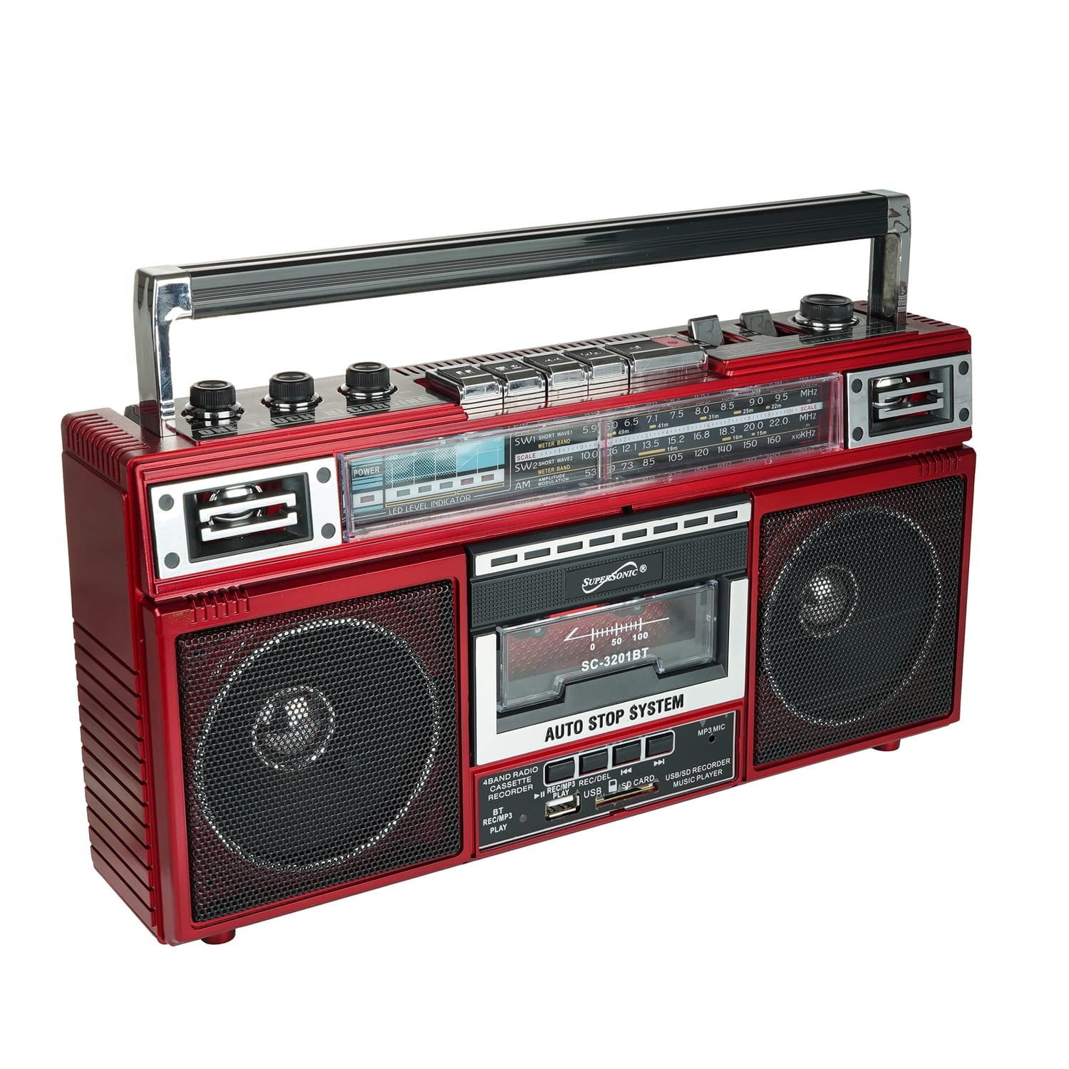 Supersonic Retro Bluetooth Cassette/AM/FM/Shortwave Boom Box, SC-3201BT, Red