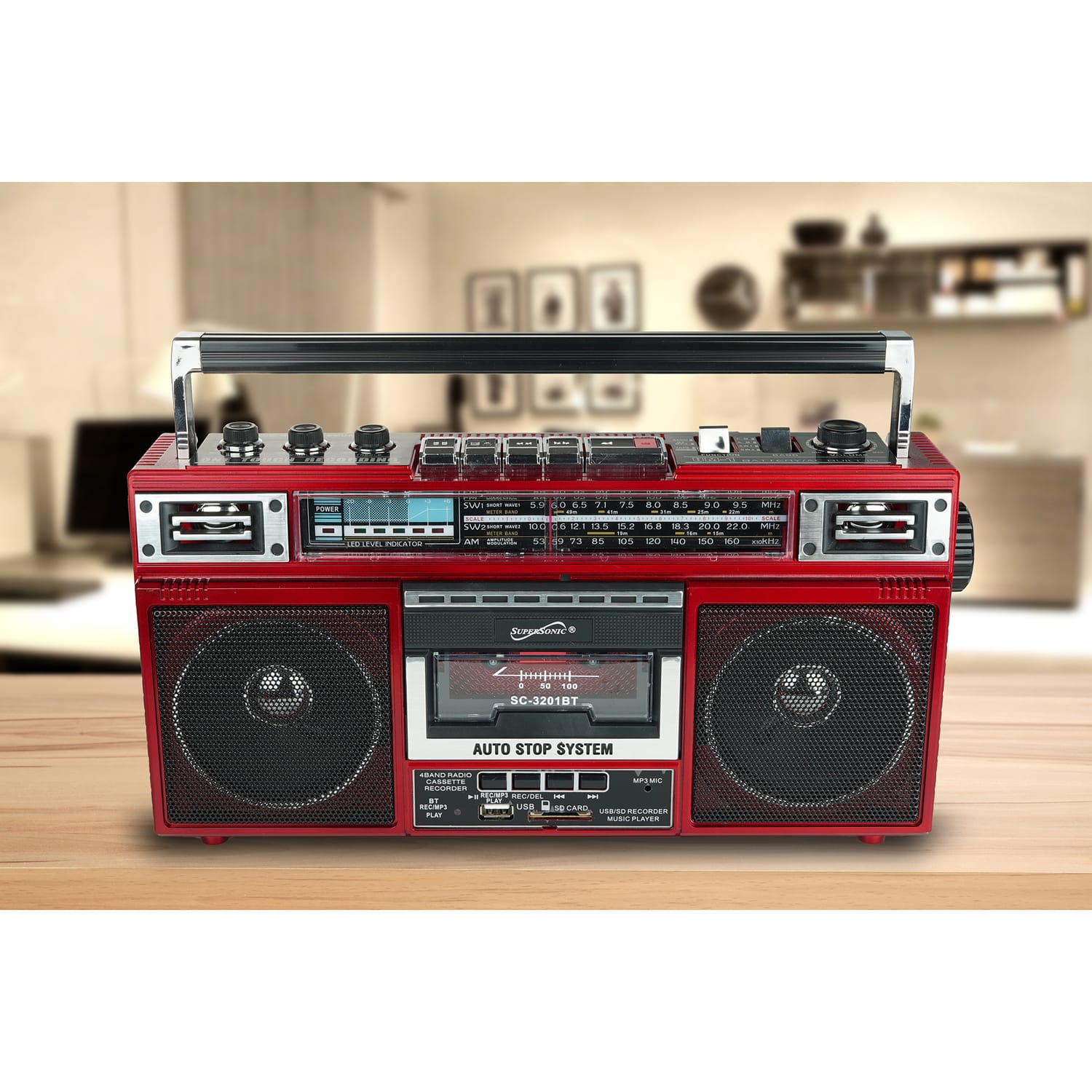 Supersonic Retro Bluetooth Cassette/AM/FM/Shortwave Boom Box, SC-3201BT, Red
