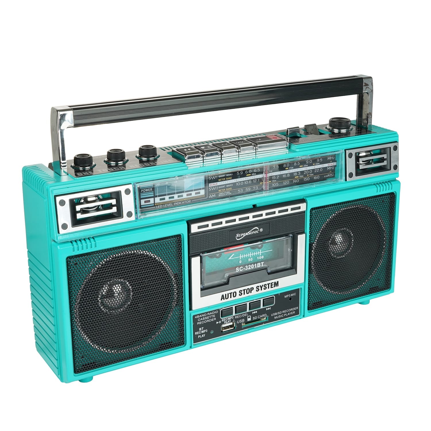 Supersonic Retro Bluetooth Cassette/AM/FM/Shortwave Boom Box, SC-3201BT, Teal