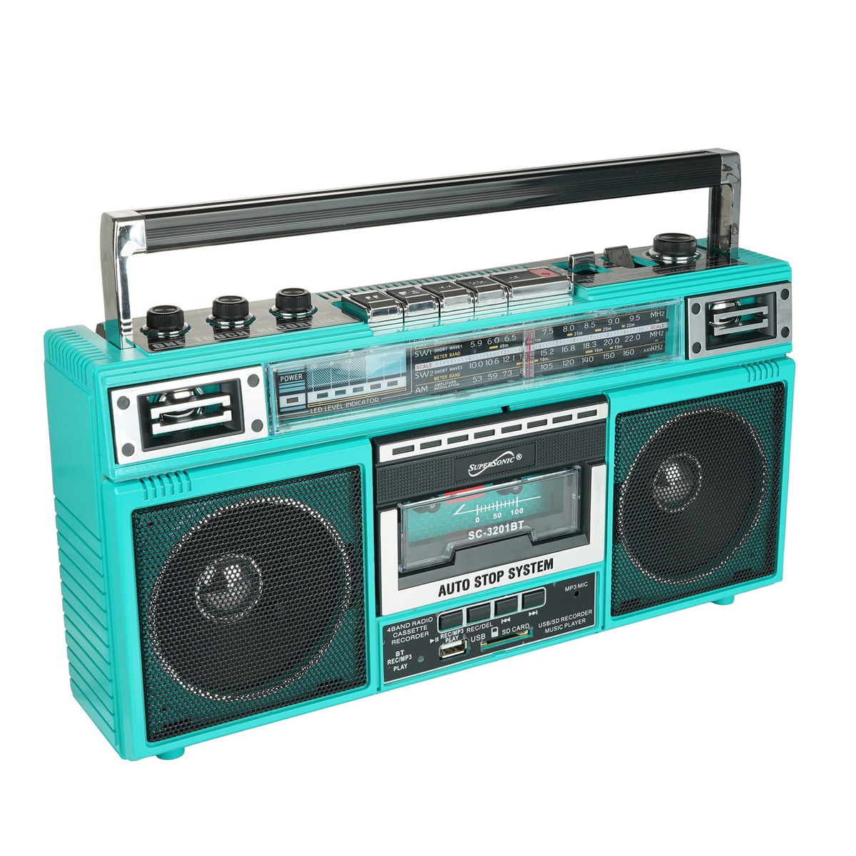 Supersonic Retro Bluetooth Cassette/AM/FM/Shortwave Boom Box, SC-3201BT, Teal