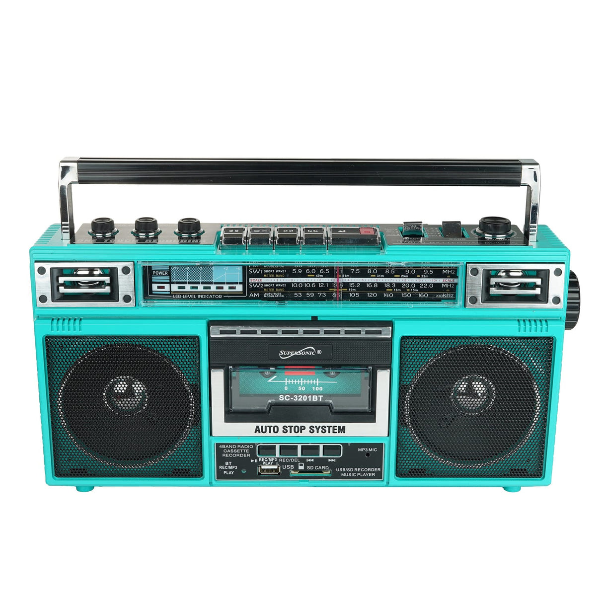 Supersonic Retro Bluetooth Cassette/AM/FM/Shortwave Boom Box, SC-3201BT, Teal