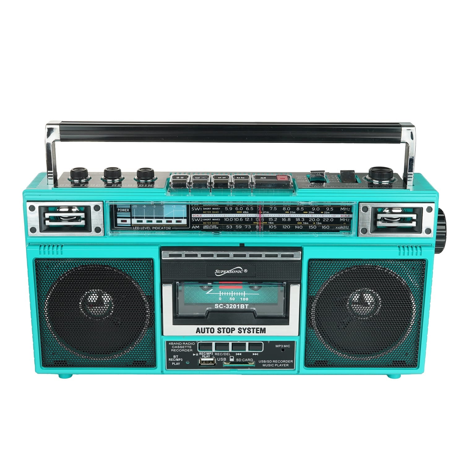 Supersonic Retro Bluetooth Cassette/AM/FM/Shortwave Boom Box, SC-3201BT, Teal