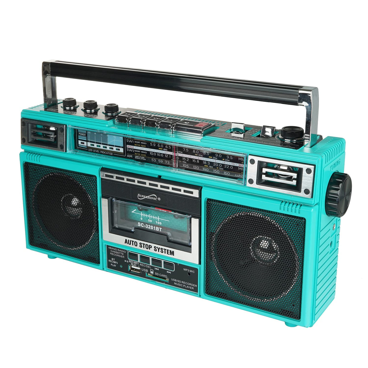 Supersonic Retro Bluetooth Cassette/AM/FM/Shortwave Boom Box, SC-3201BT, Teal
