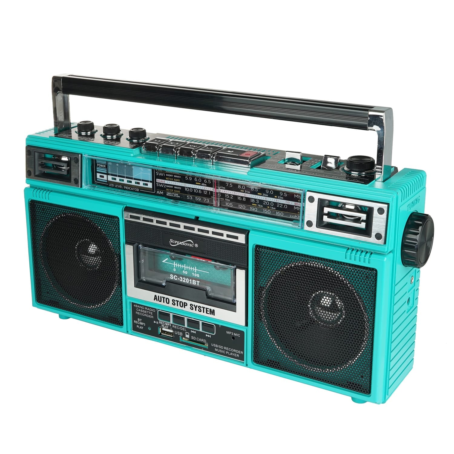 Supersonic Retro Bluetooth Cassette/AM/FM/Shortwave Boom Box, SC-3201BT, Teal