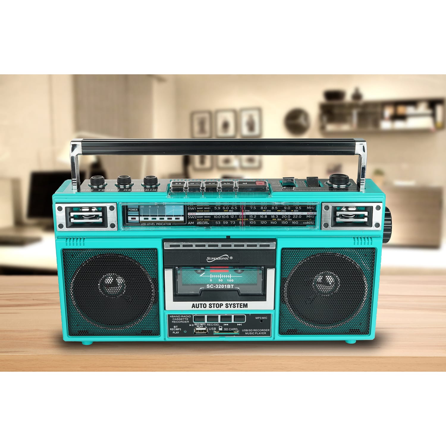 Supersonic Retro Bluetooth Cassette/AM/FM/Shortwave Boom Box, SC-3201BT, Teal