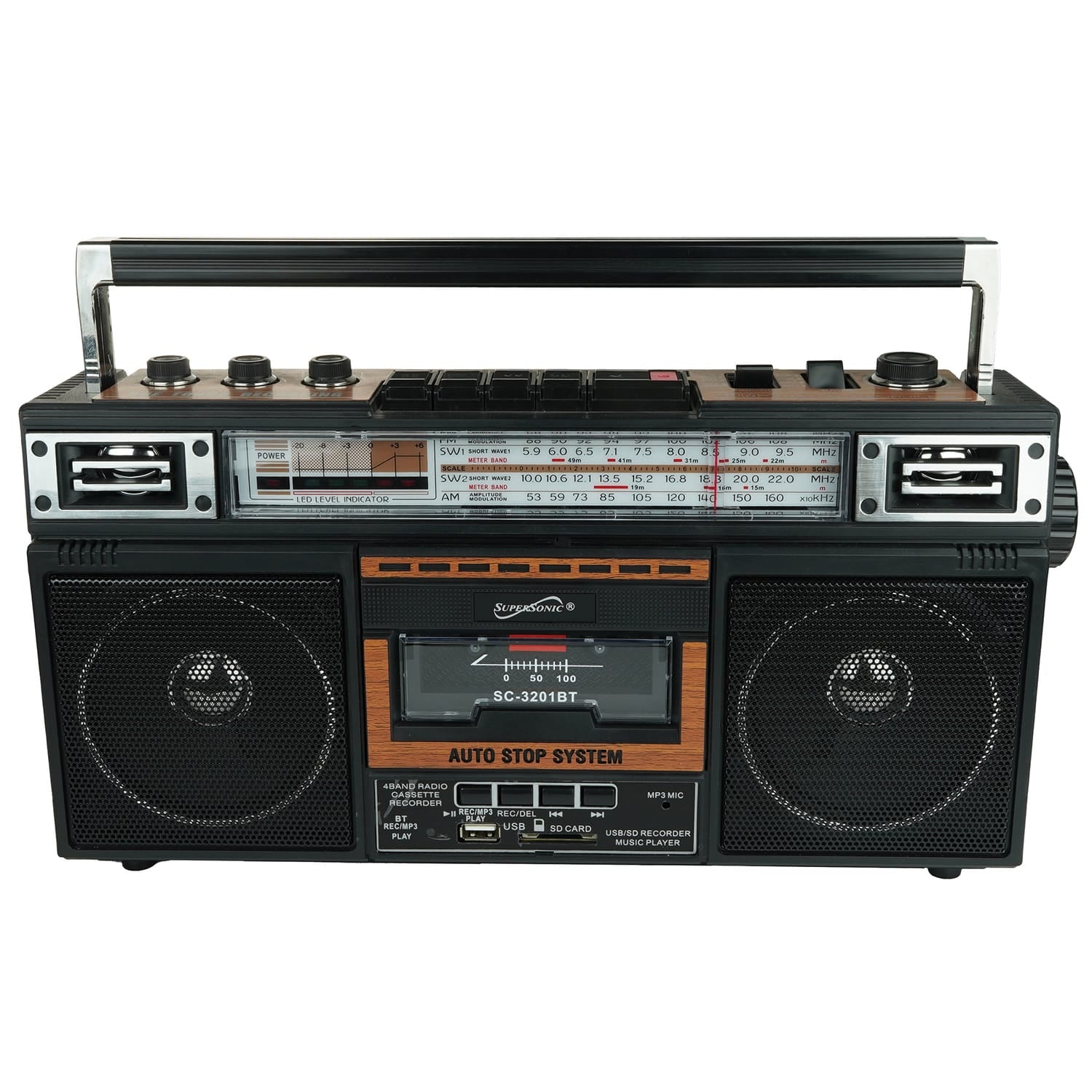 Supersonic Retro Bluetooth Cassette/AM/FM/Shortwave Boom Box, SC-3201BT, Wood