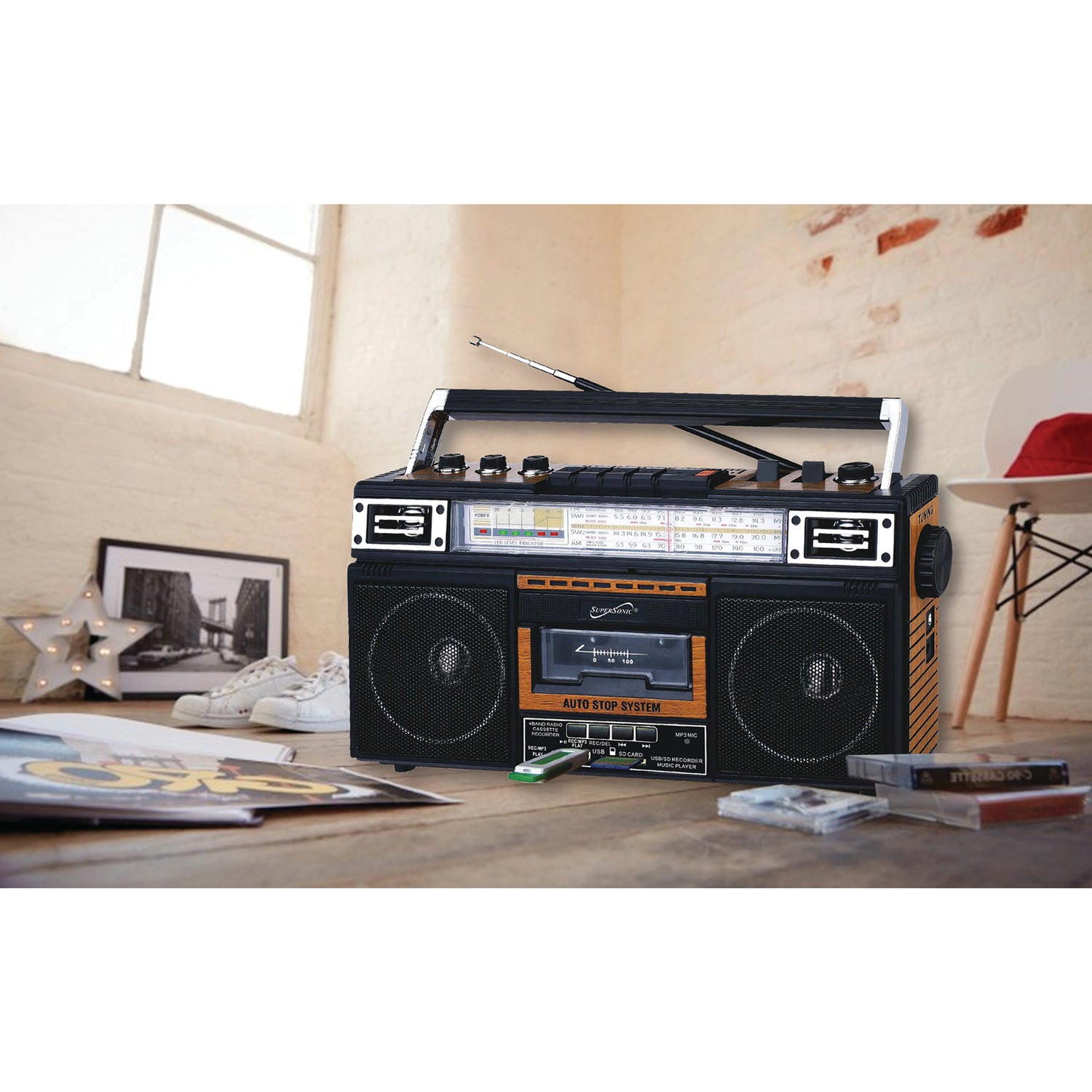 Supersonic Retro Bluetooth Cassette/AM/FM/Shortwave Boom Box, SC-3201BT, Wood