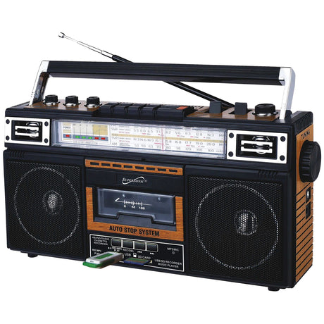 Supersonic Retro Bluetooth Cassette/AM/FM/Shortwave Boom Box, SC-3201BT, Wood