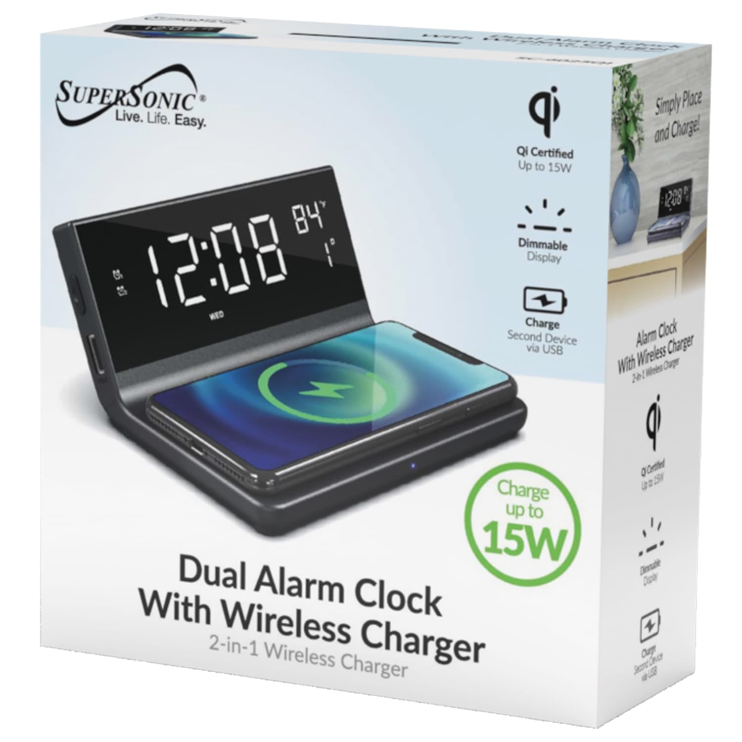 Supersonic Dual Alarm Clock with 2-in-1 Wireless Charging