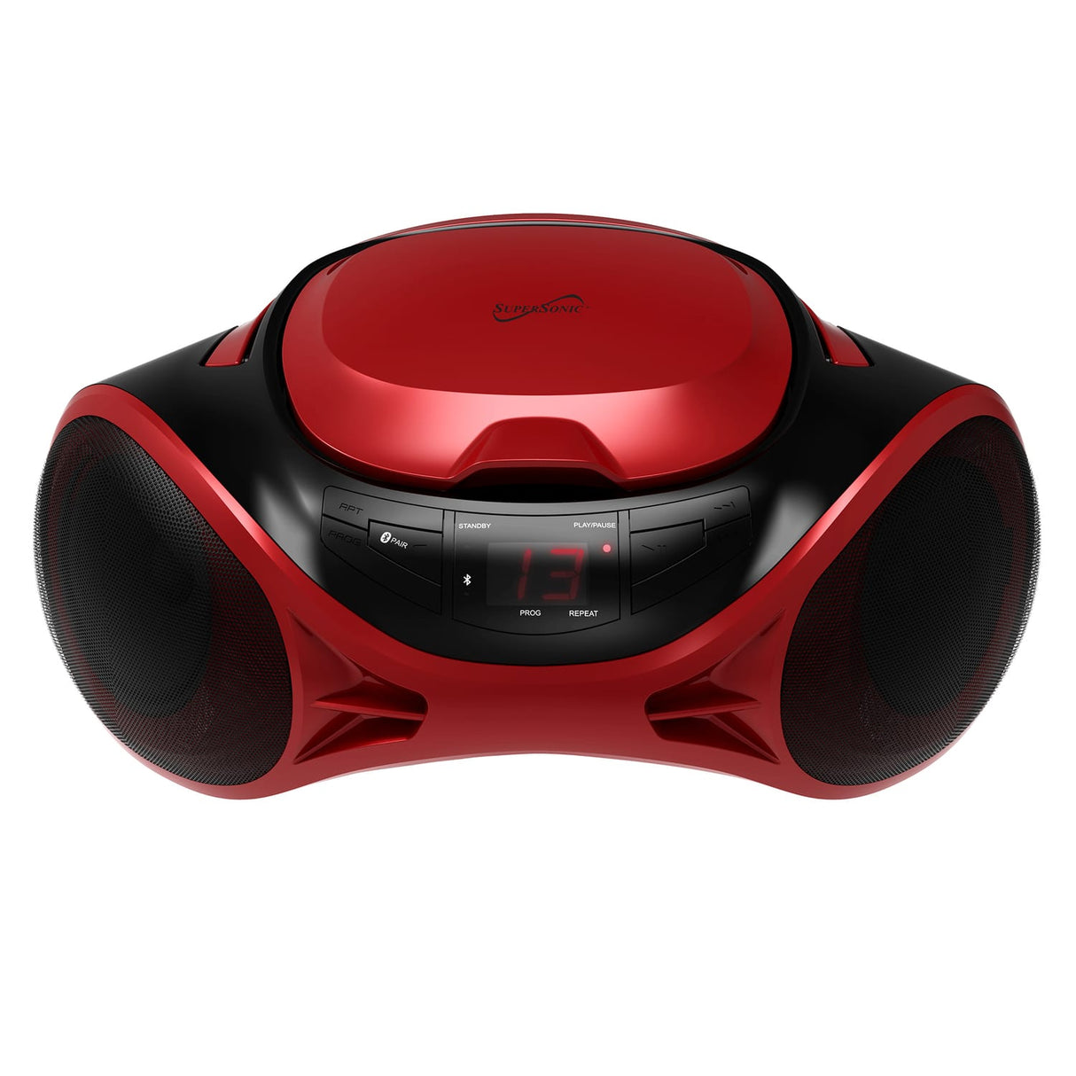 Supersonic 3-Watt-RMS Portable Bluetooth CD Music System with Built-in Speakers, CD Player, AM/FM Radio, and Aux, Dual Power, SC-726BT, Red